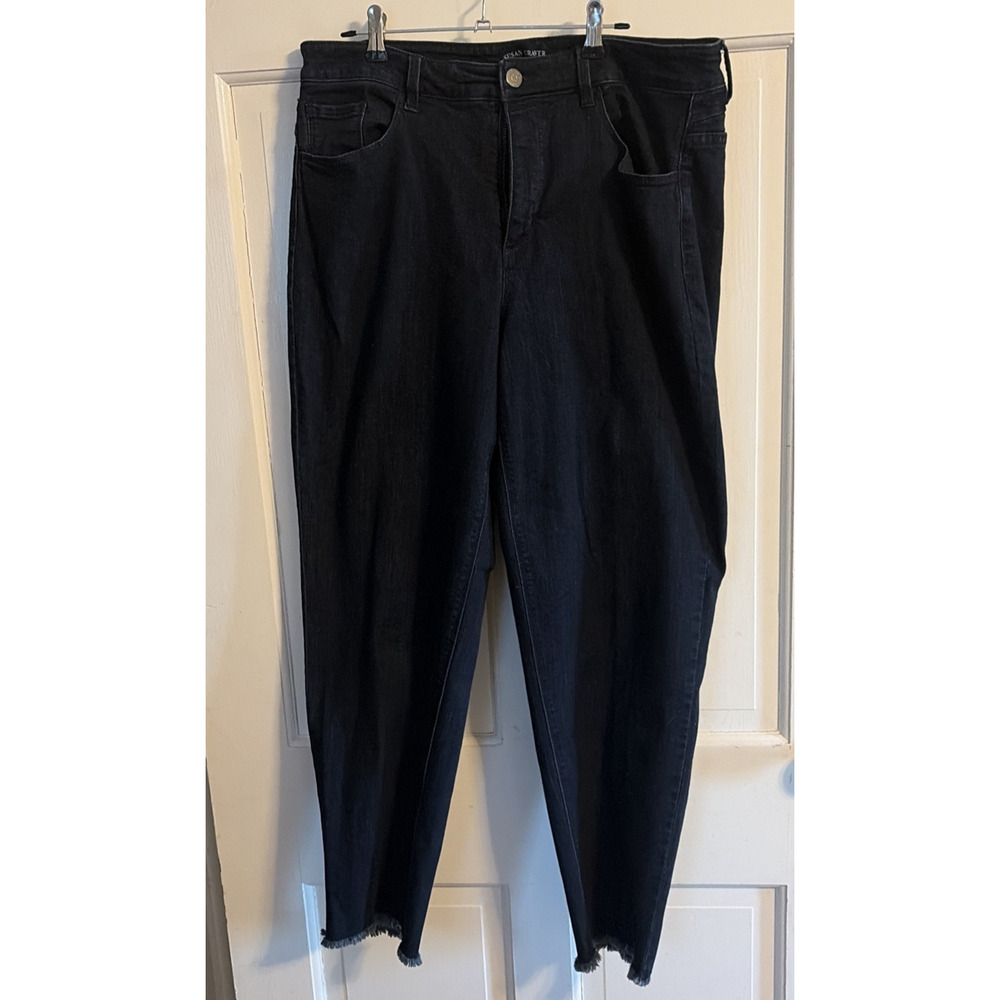 Susan Graver Girlfriend Jeans 16 Frayed Hem Ankle Crop Dark Wash Classic Comfort